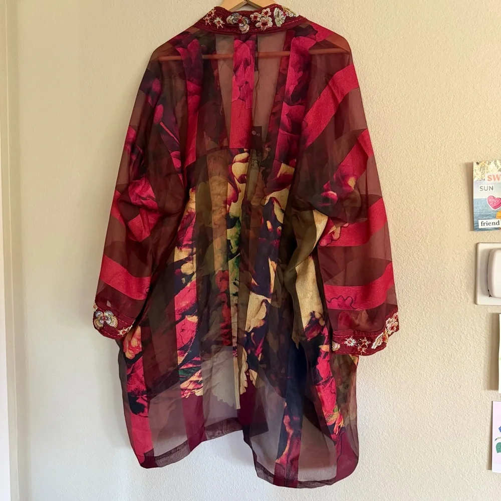 Johnny Was Ferly Organza Jacket Automnei Red Beaded Size Small NWT Beaded
